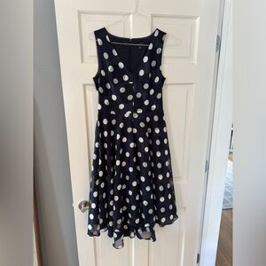 Ann Taylor Navy and White Polka Dot v-neck midi Dress